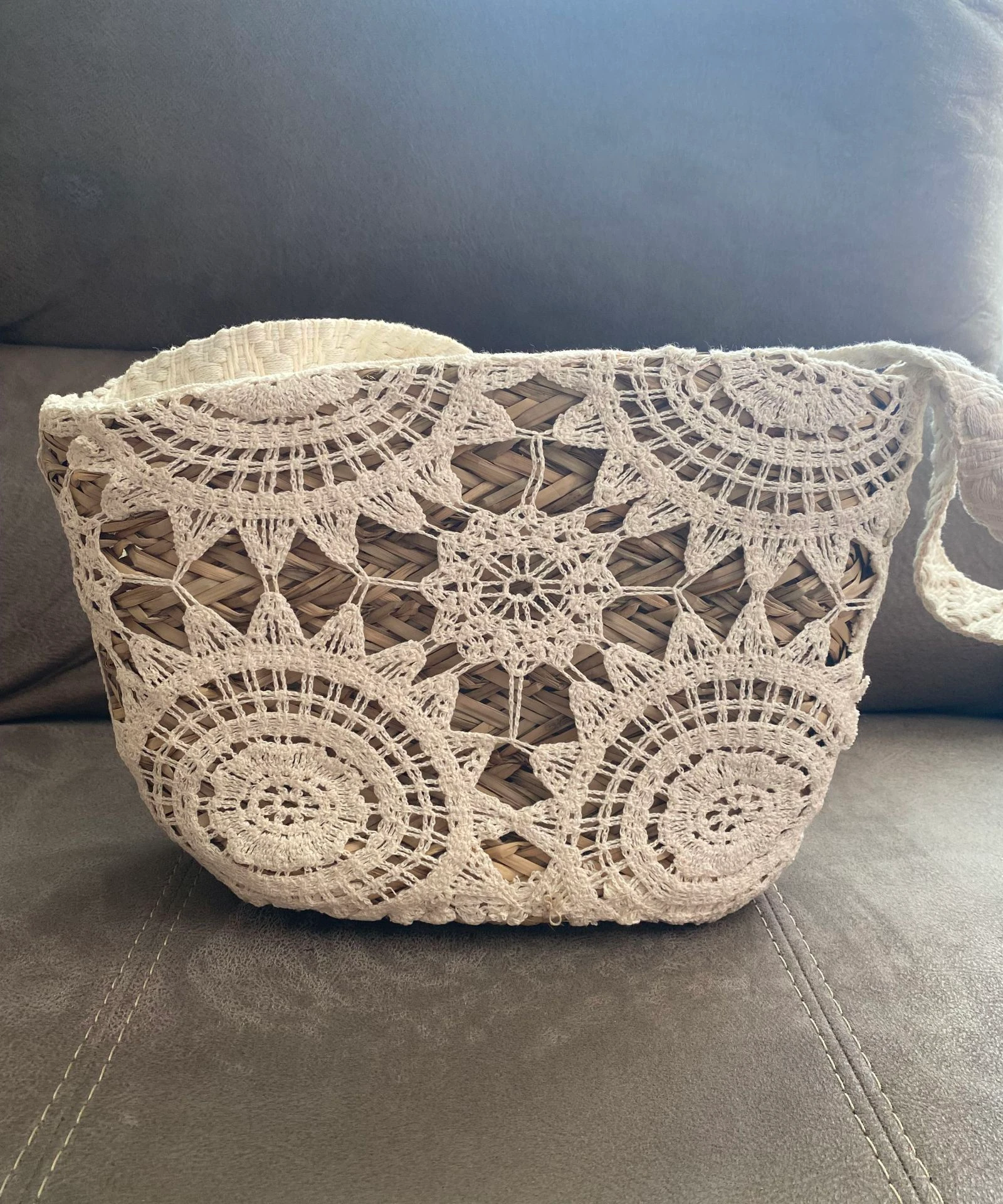 Cesto de palha com crochê creme - Bolso transversal verão boêmio – photo 3